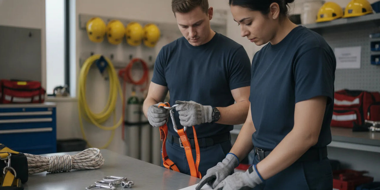 Fire-rescue team reviewing harnesses, connectors, and equipment records before a training exercise