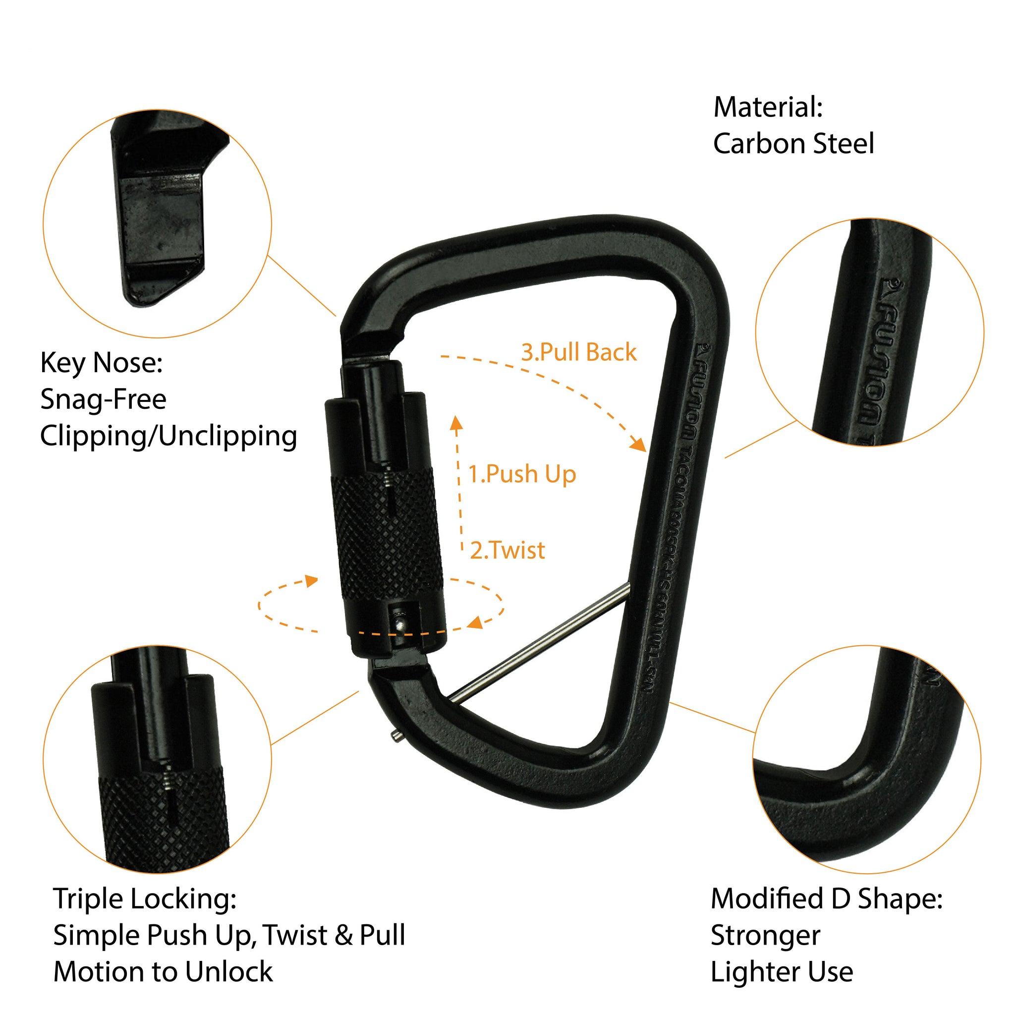 Tacoma 60KN Steel Triple Lock Carabiner | Fusion Tactical USA